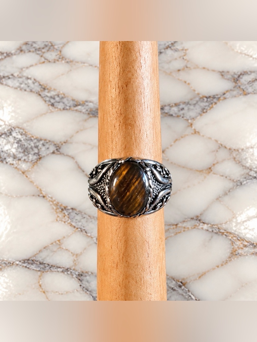Tiger Eye Resin Statement Ring Silver Tone Ornate Size 8